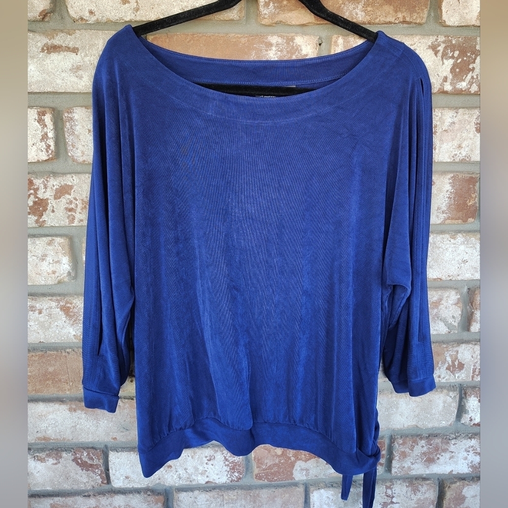 Chico's Travelers Royal Blue Slinky Split Sleeve Tie Waist Top Sz 3 (XL) Casual